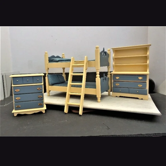 Vintage Doll House Bedroom Set with Blue and Cream Furniture - Picture 2 of 9